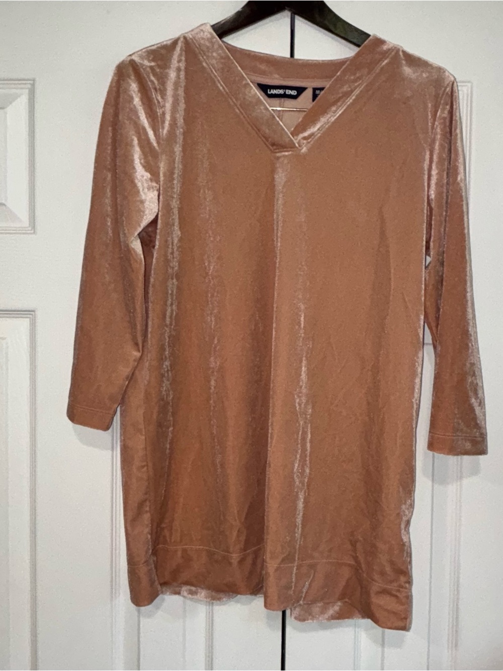 Lands' End Champagne Pink Peach velour velvet tunic V-neck 3/4 sleeves Medium